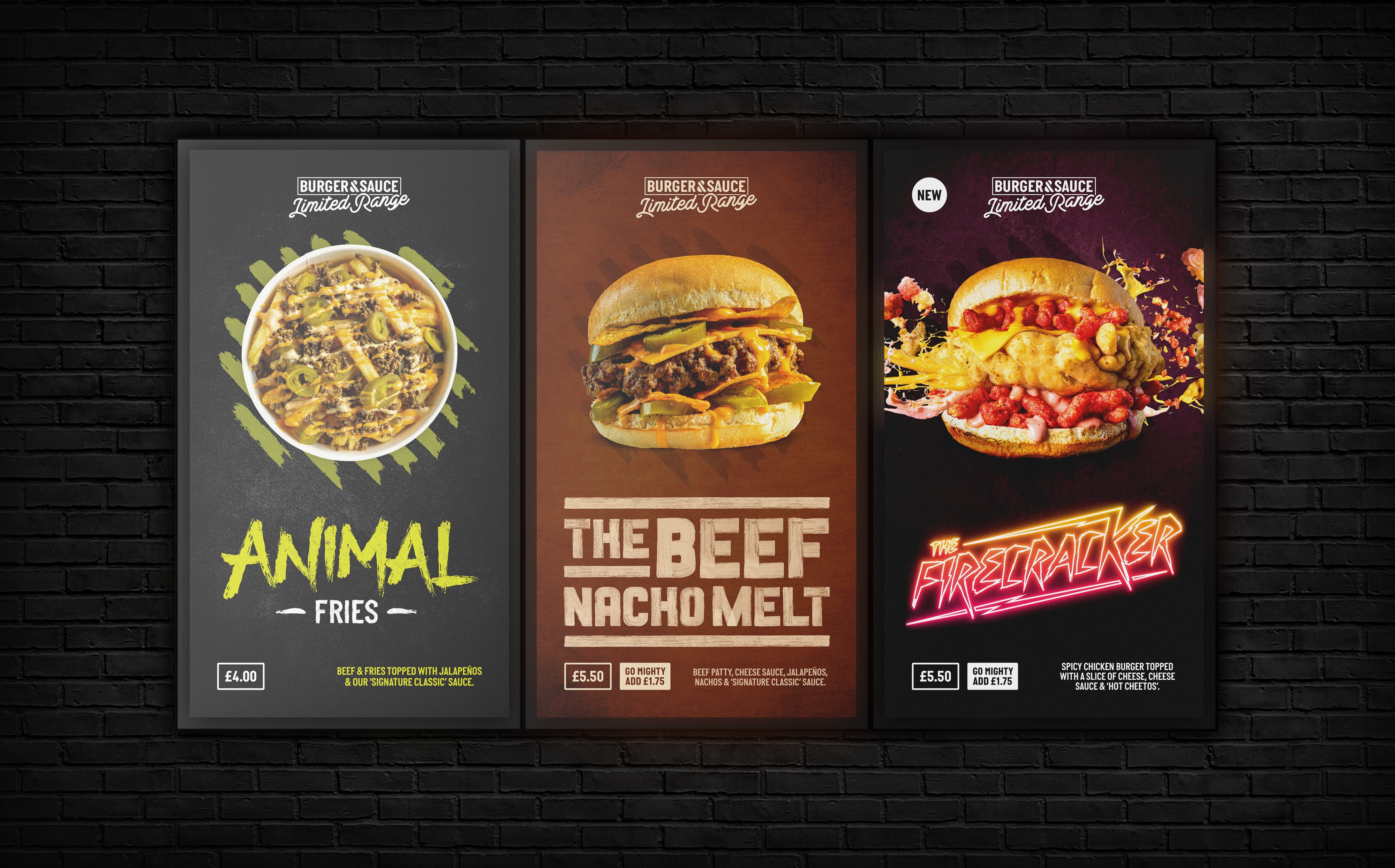Burger & Sauce Digital Menus Beef Nacho Burger, Animal Fries, Firecracker